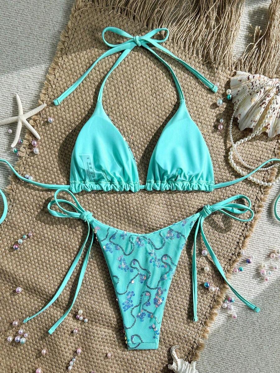 Women's sequin textured halter triangle bikini top and high-waist side tie bikini bottom swimsuit set