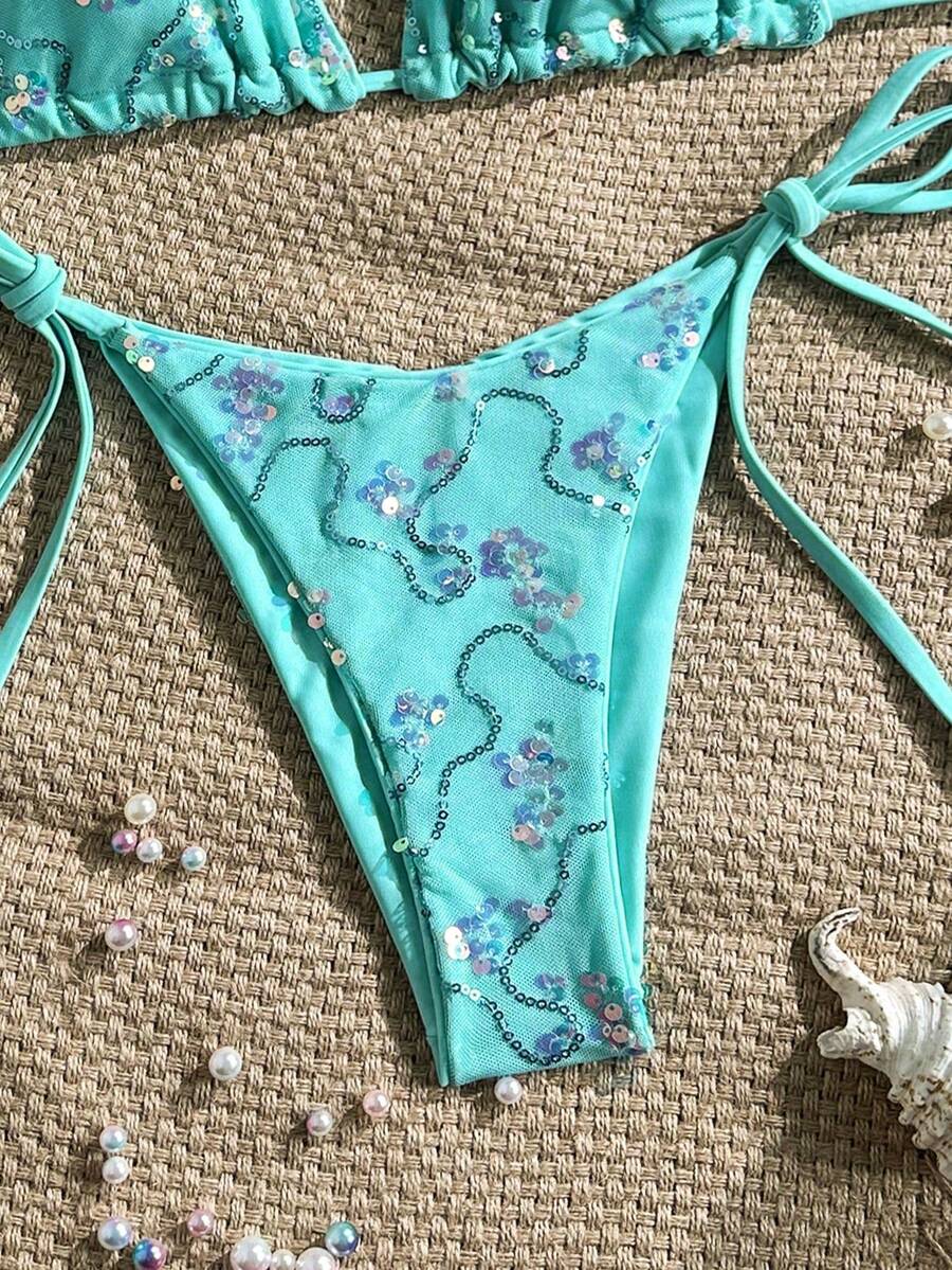 Women's sequin textured halter triangle bikini top and high-waist side tie bikini bottom swimsuit set