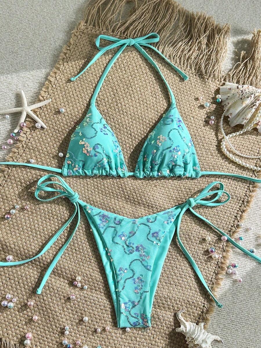 Women's sequin textured halter triangle bikini top and high-waist side tie bikini bottom swimsuit set