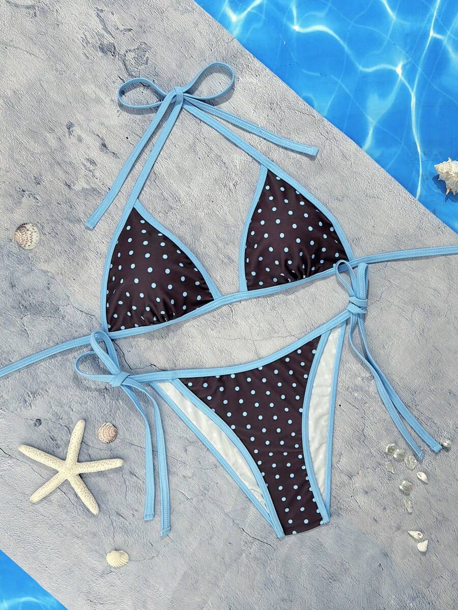 Women's apricot solid halter tie bikini top with triangle cups and matching tie-side swimsuit bottoms.