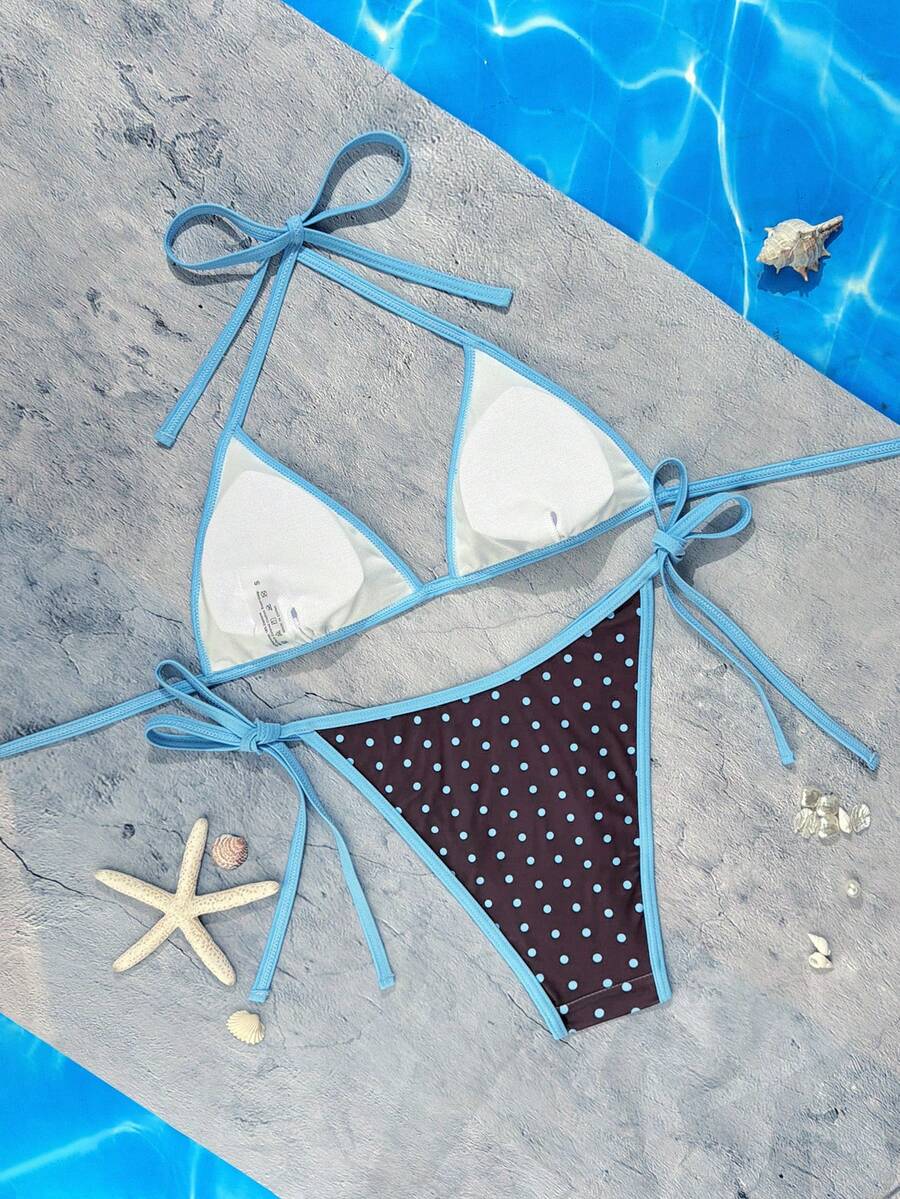 Women's apricot solid halter tie bikini top with triangle cups and matching tie-side swimsuit bottoms.