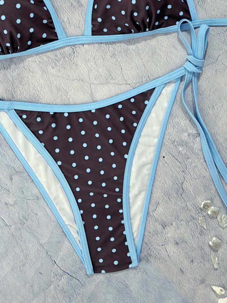Women's apricot solid halter tie bikini top with triangle cups and matching tie-side swimsuit bottoms.