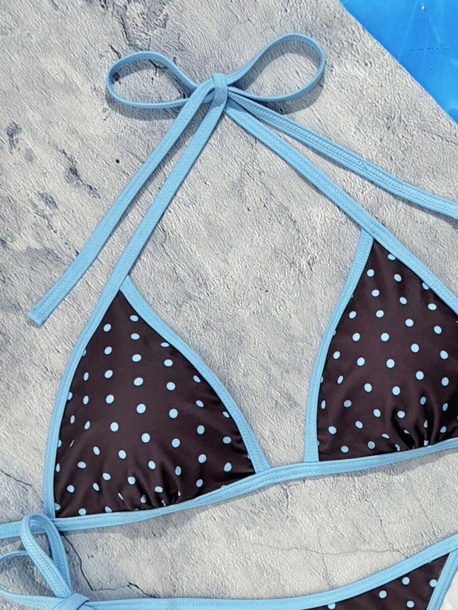 Women's apricot solid halter tie bikini top with triangle cups and matching tie-side swimsuit bottoms.
