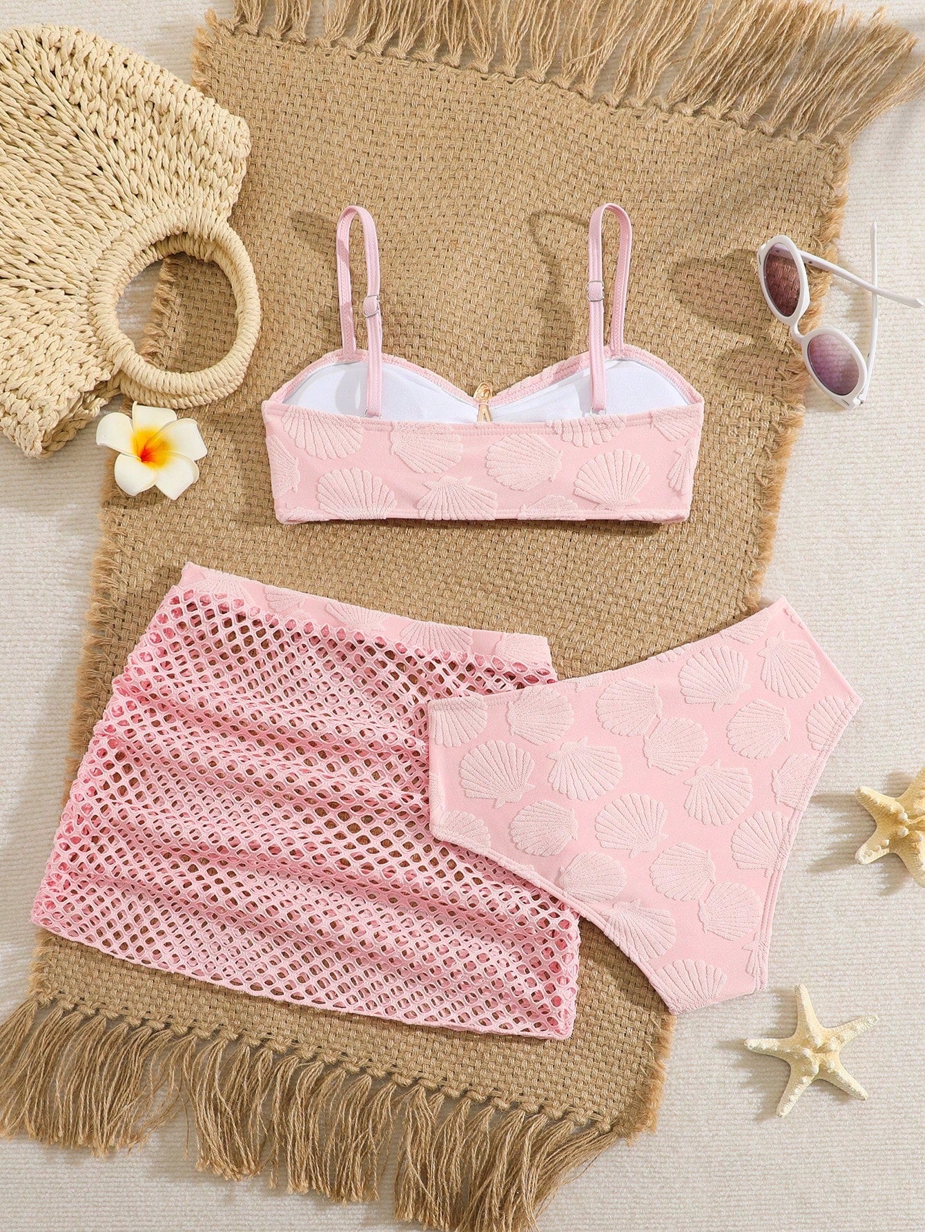 Pink Summer Cute Beach Holiday Tween Girl Elegant Bikini Set With Starfish Decor,Ruffle Beach Dress 3-Piece Children's Swimwear For Teenagers,Vacation