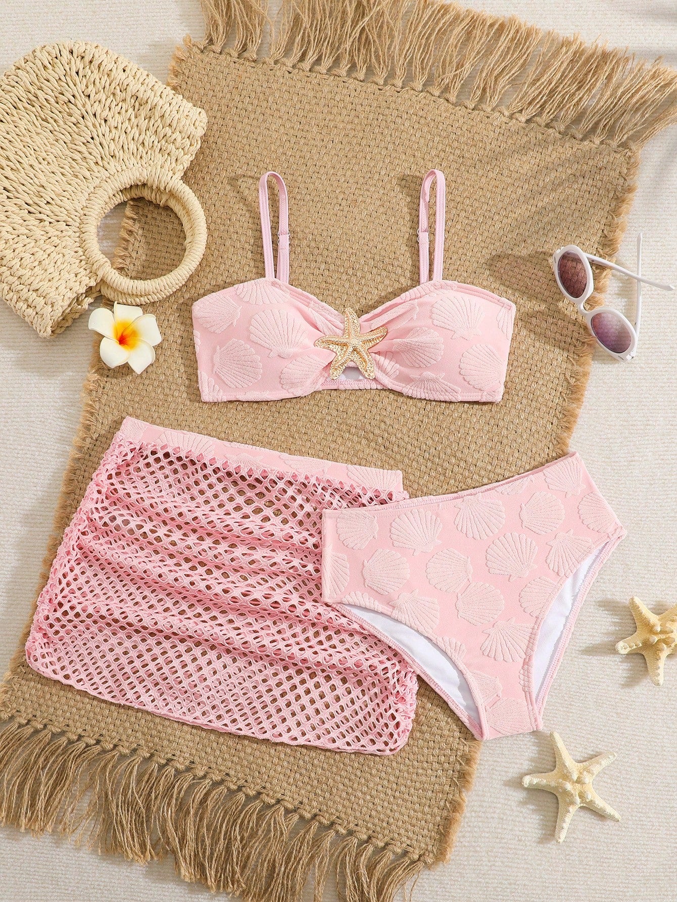 Pink Summer Cute Beach Holiday Tween Girl Elegant Bikini Set With Starfish Decor,Ruffle Beach Dress 3-Piece Children's Swimwear For Teenagers,Vacation