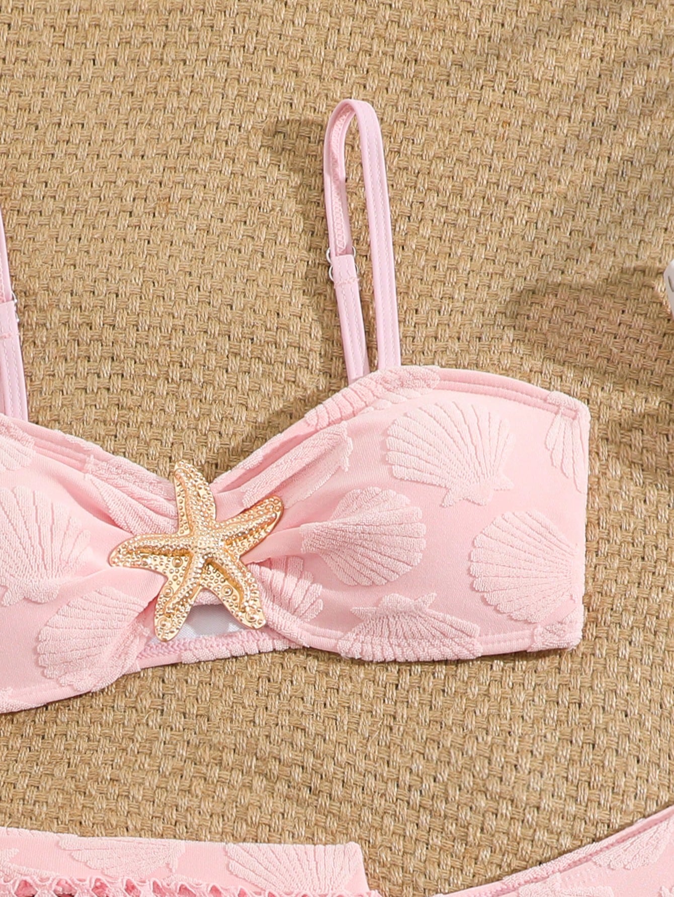 Pink Summer Cute Beach Holiday Tween Girl Elegant Bikini Set With Starfish Decor,Ruffle Beach Dress 3-Piece Children's Swimwear For Teenagers,Vacation