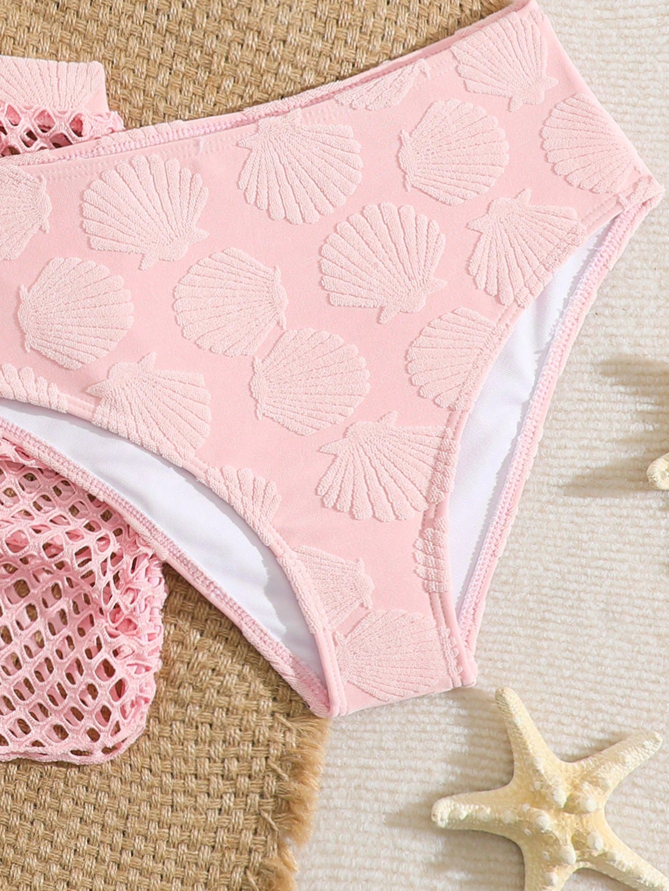 Pink Summer Cute Beach Holiday Tween Girl Elegant Bikini Set With Starfish Decor,Ruffle Beach Dress 3-Piece Children's Swimwear For Teenagers,Vacation