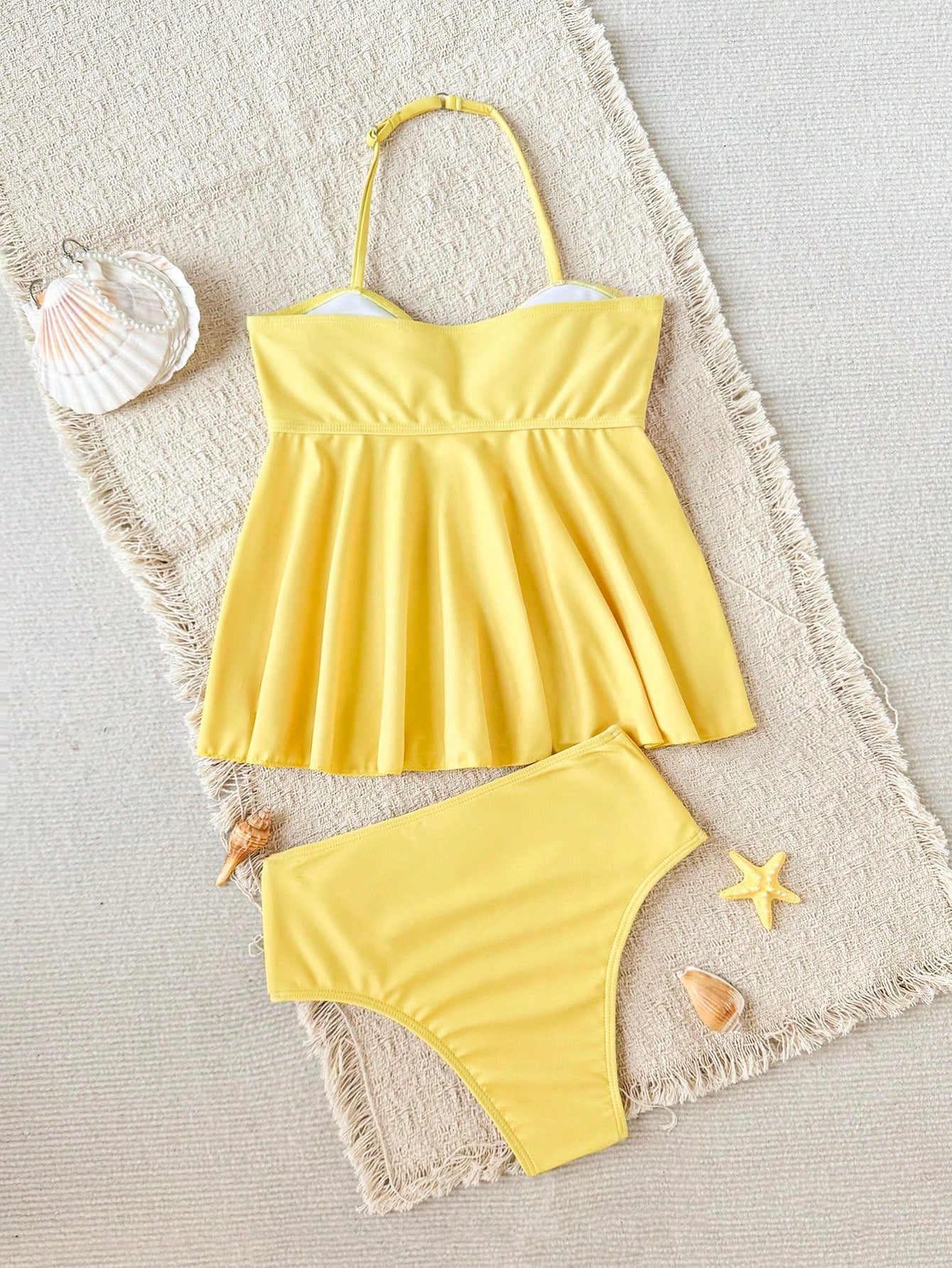 Tween Girl Tween Girl Textured Knit Apricot Halter Gold Shell Tankini Swimwear Set