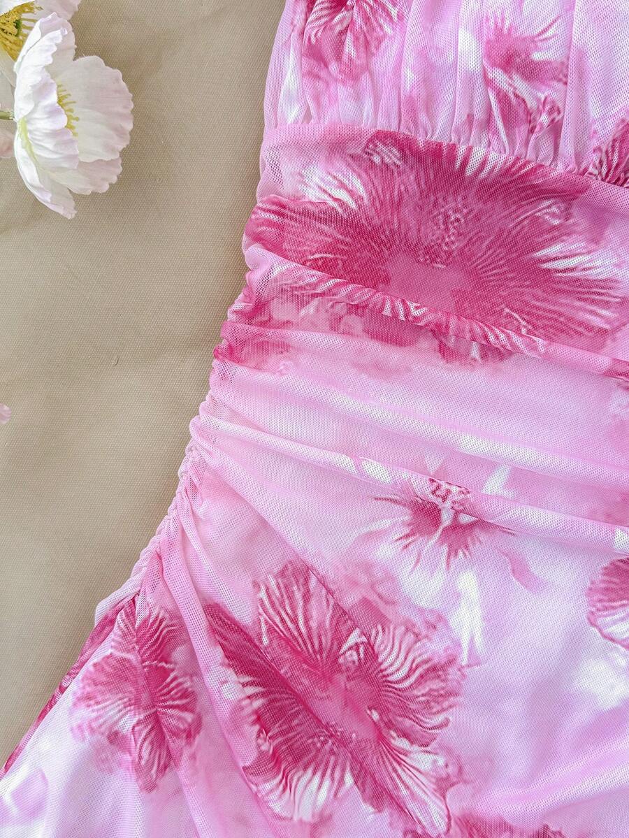 Yellow sleeveless tween girls cami dress with spaghetti straps, ruched bust, shirred details, high waist, and flared short A-line hem for vacation wear.