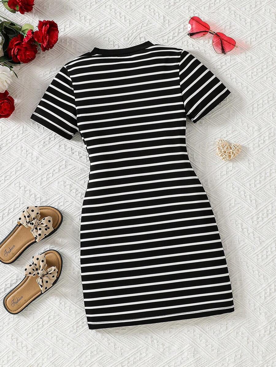 Girls black striped midi dress featuring short sleeves, round neck, slim fit, and flared hem.
