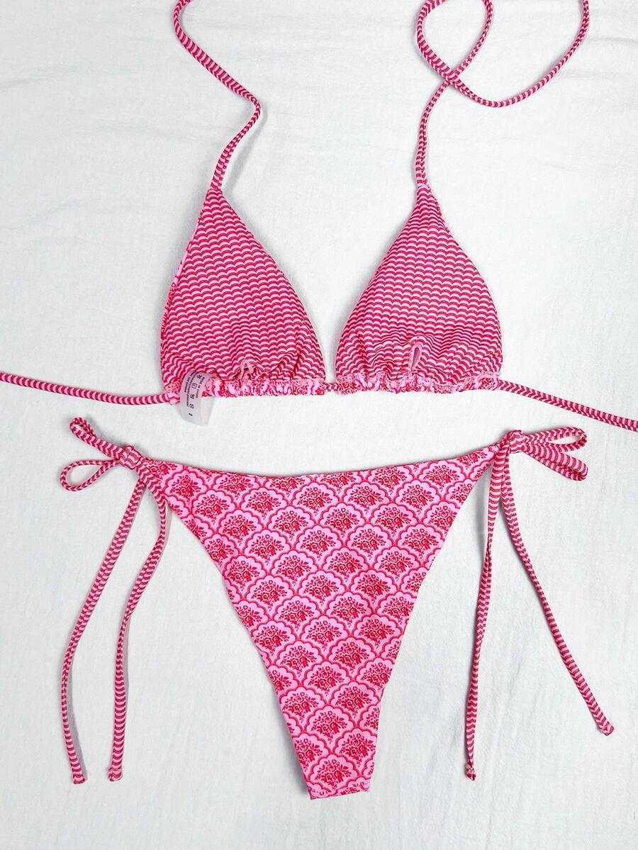 Women's high waist 2-piece triangle bikini set featuring colorblock trim, halter neckline, wireless bra with removable padding, and tie-side bottoms.