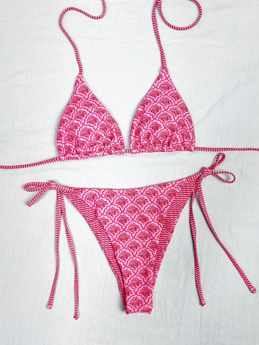 Women's high waist 2-piece triangle bikini set featuring colorblock trim, halter neckline, wireless bra with removable padding, and tie-side bottoms.