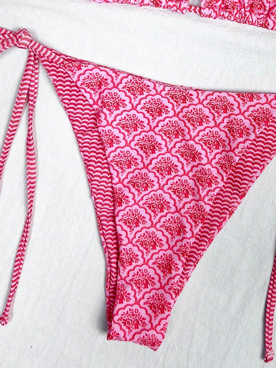 Women's high waist 2-piece triangle bikini set featuring colorblock trim, halter neckline, wireless bra with removable padding, and tie-side bottoms.