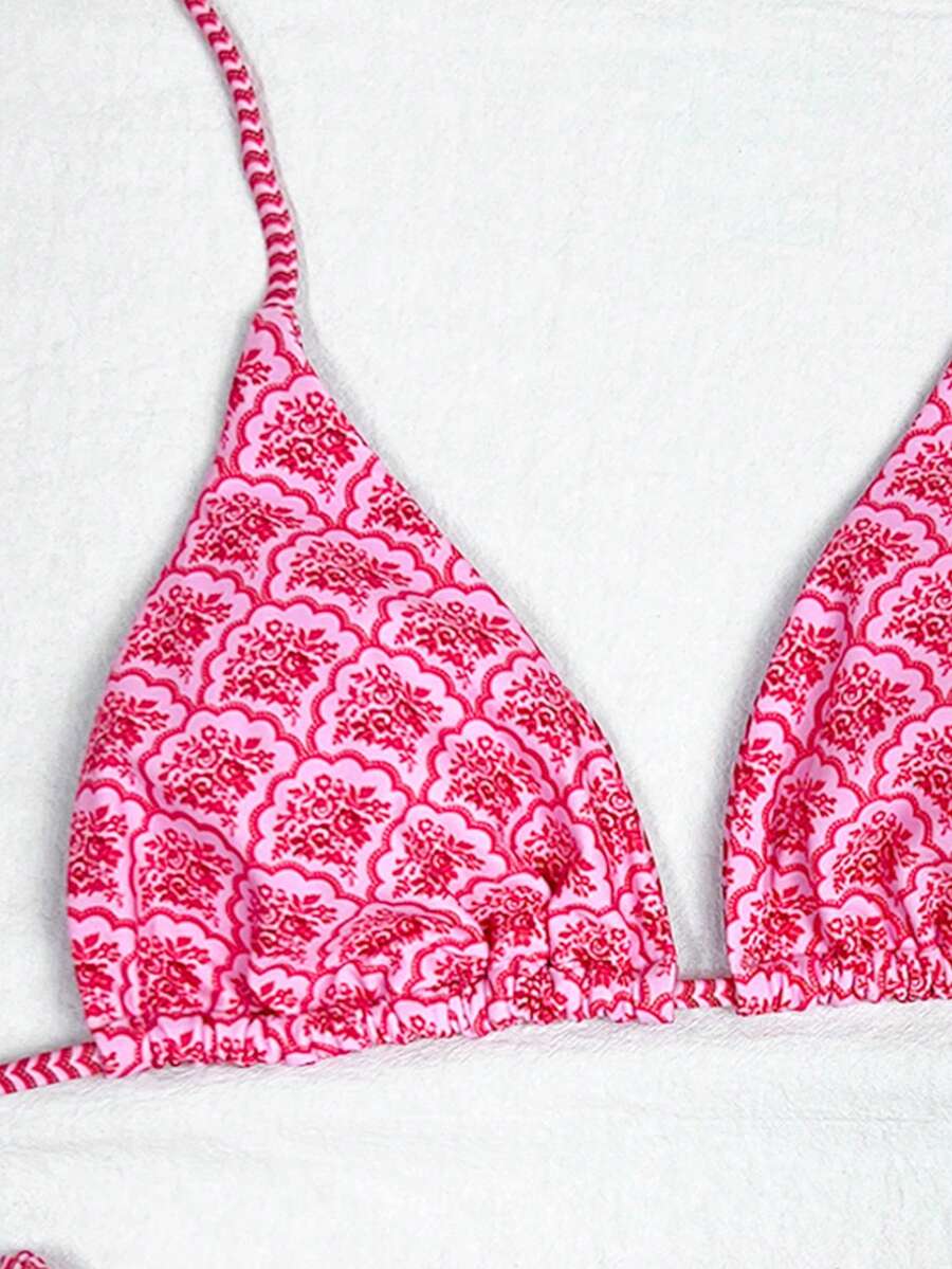 Women's high waist 2-piece triangle bikini set featuring colorblock trim, halter neckline, wireless bra with removable padding, and tie-side bottoms.
