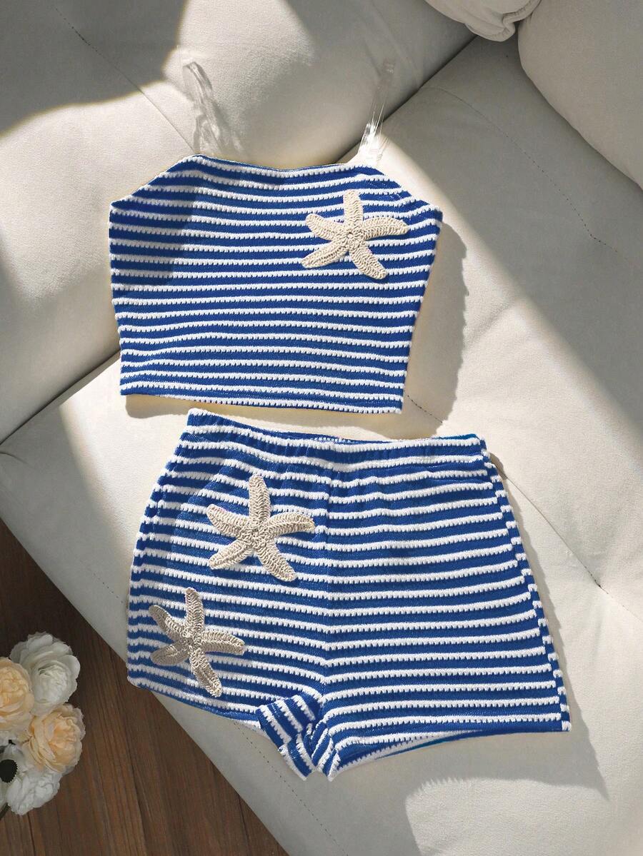 Tween girls black and white striped two-piece set featuring a spaghetti strap micro crop tank top with lettuce trim and ruffle hem paired with matching slim fit shorts.