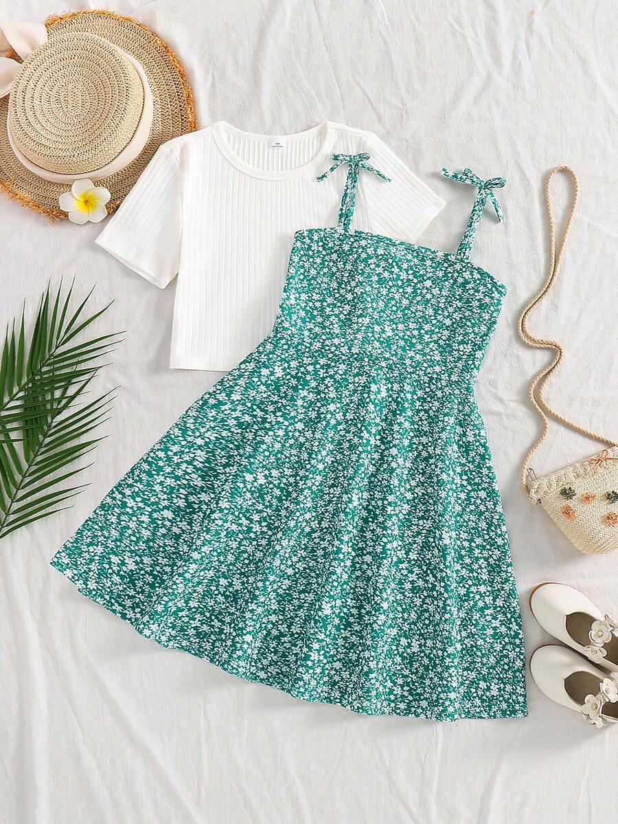 Tween girls' black and white ditsy floral plant print high waist flared camisole dress with a short sleeve t-shirt set.