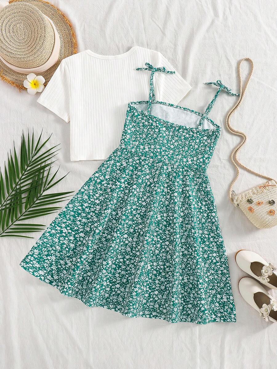 Tween girls' black and white ditsy floral plant print high waist flared camisole dress with a short sleeve t-shirt set.
