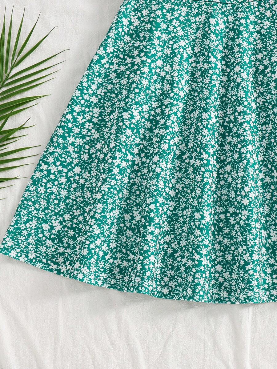 Tween girls' black and white ditsy floral plant print high waist flared camisole dress with a short sleeve t-shirt set.
