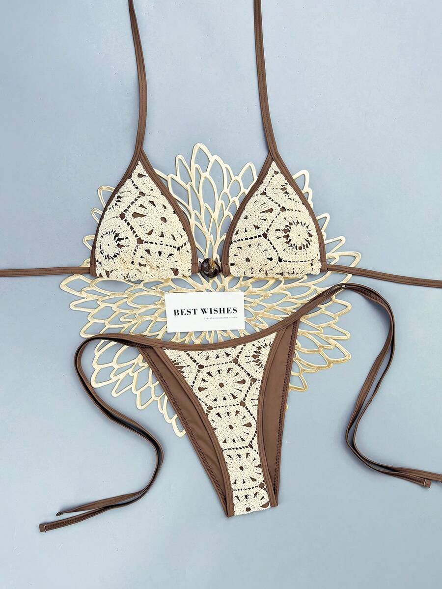 Apricot 2-piece bikini swimwear set featuring a textured halter triangle cup top with knot details and matching tie-side bottoms for women.