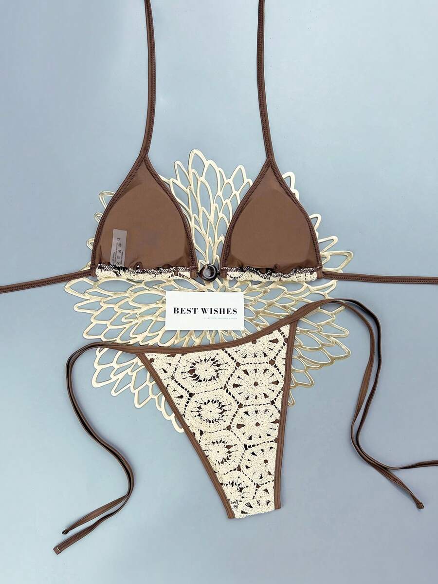 Apricot 2-piece bikini swimwear set featuring a textured halter triangle cup top with knot details and matching tie-side bottoms for women.