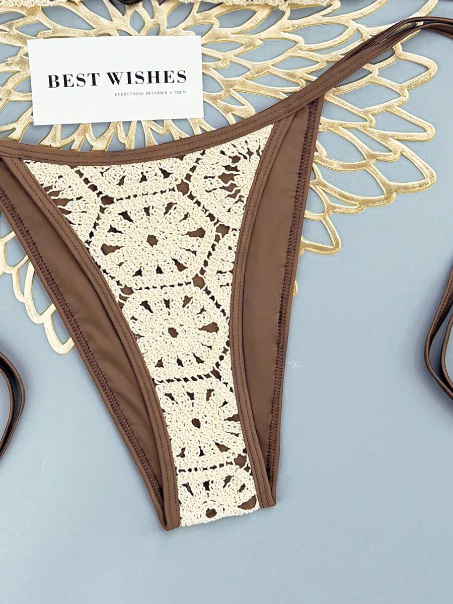 Apricot 2-piece bikini swimwear set featuring a textured halter triangle cup top with knot details and matching tie-side bottoms for women.