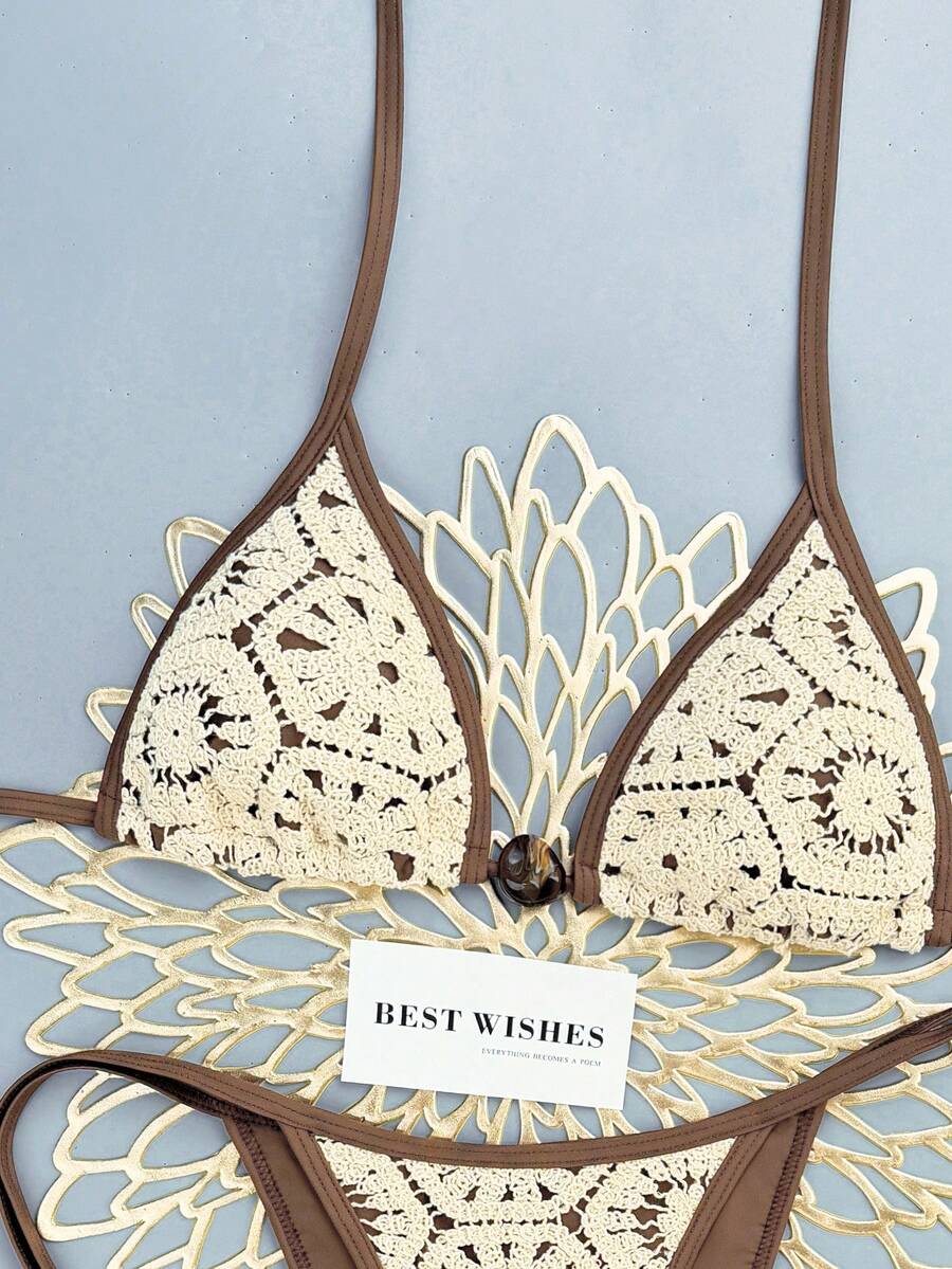 Apricot 2-piece bikini swimwear set featuring a textured halter triangle cup top with knot details and matching tie-side bottoms for women.