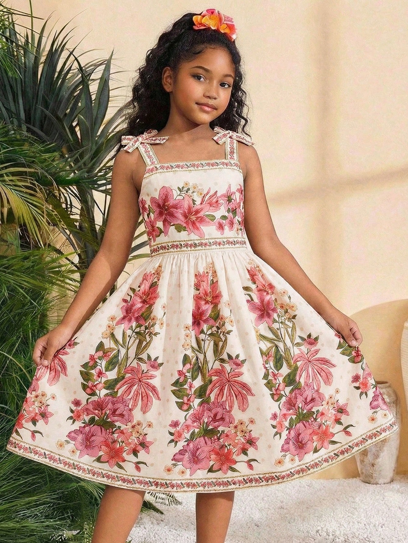 Tween girls multicolor floral print cami dress with spaghetti straps, shirred detail, belted high waist, zipper closure, and flared short hem.
