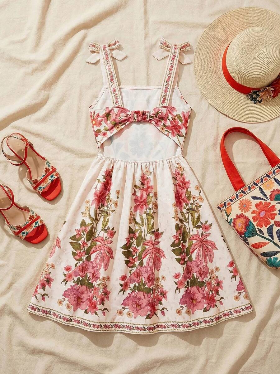 Tween girls multicolor floral print cami dress with spaghetti straps, shirred detail, belted high waist, zipper closure, and flared short hem.