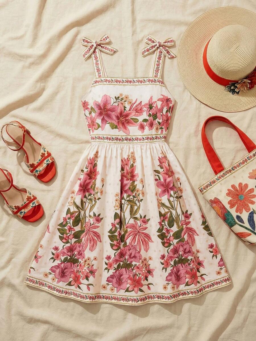 Tween girls multicolor floral print cami dress with spaghetti straps, shirred detail, belted high waist, zipper closure, and flared short hem.