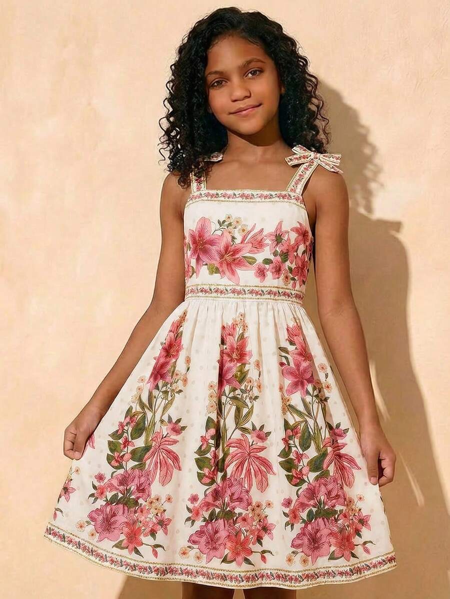 Tween girls multicolor floral print cami dress with spaghetti straps, shirred detail, belted high waist, zipper closure, and flared short hem.