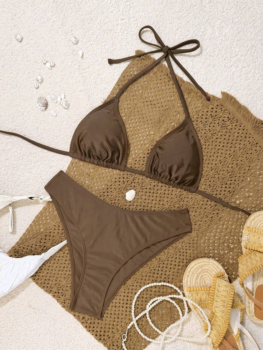 Women's apricot 2-piece halter bikini set featuring a wireless triangle top with tie-back detail and high-waisted high-cut bottoms.