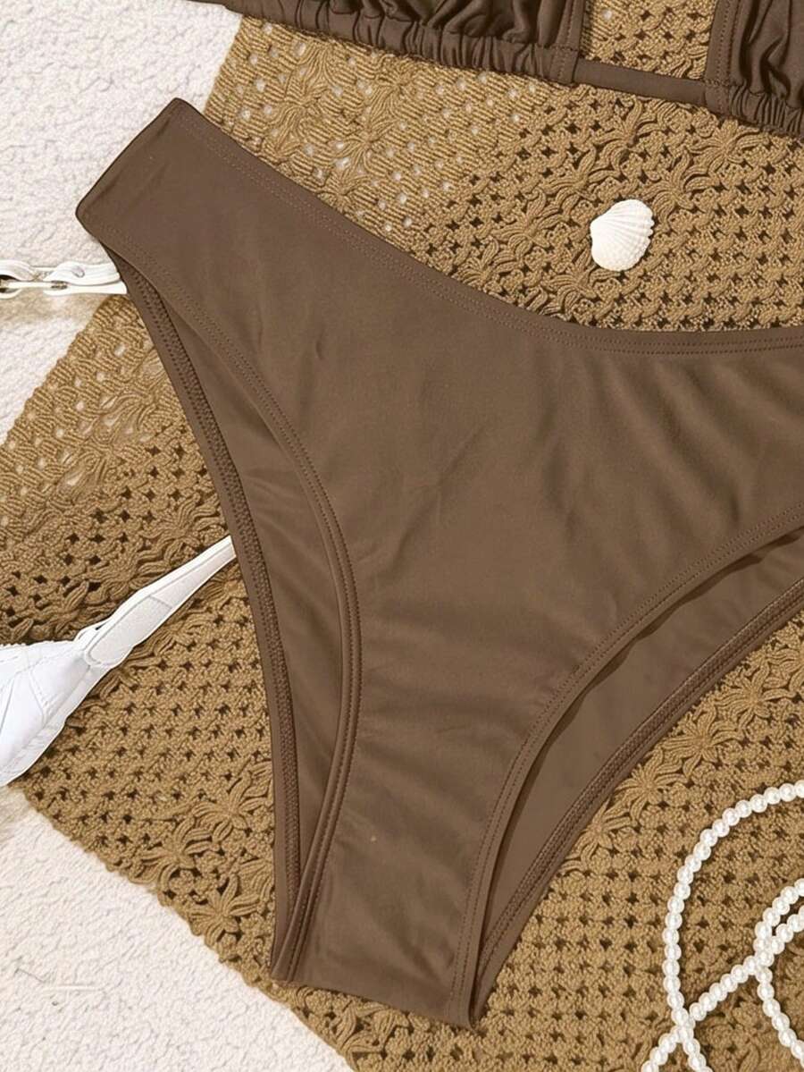 Women's apricot 2-piece halter bikini set featuring a wireless triangle top with tie-back detail and high-waisted high-cut bottoms.