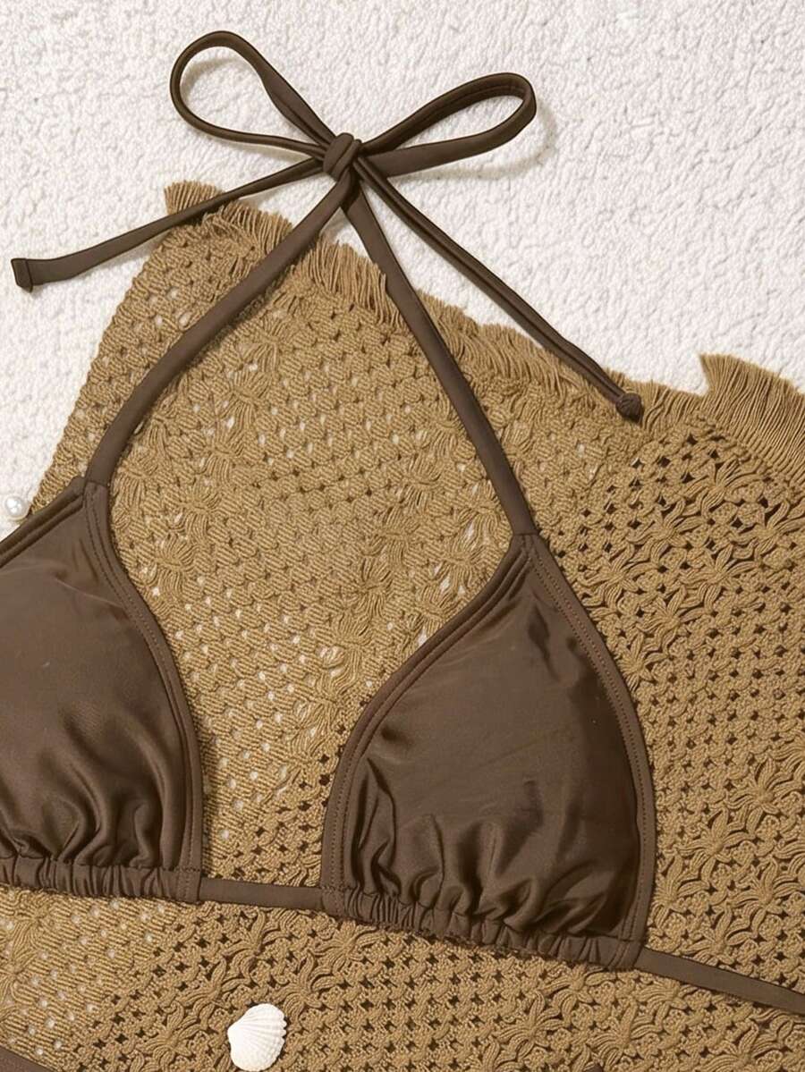 Women's apricot 2-piece halter bikini set featuring a wireless triangle top with tie-back detail and high-waisted high-cut bottoms.