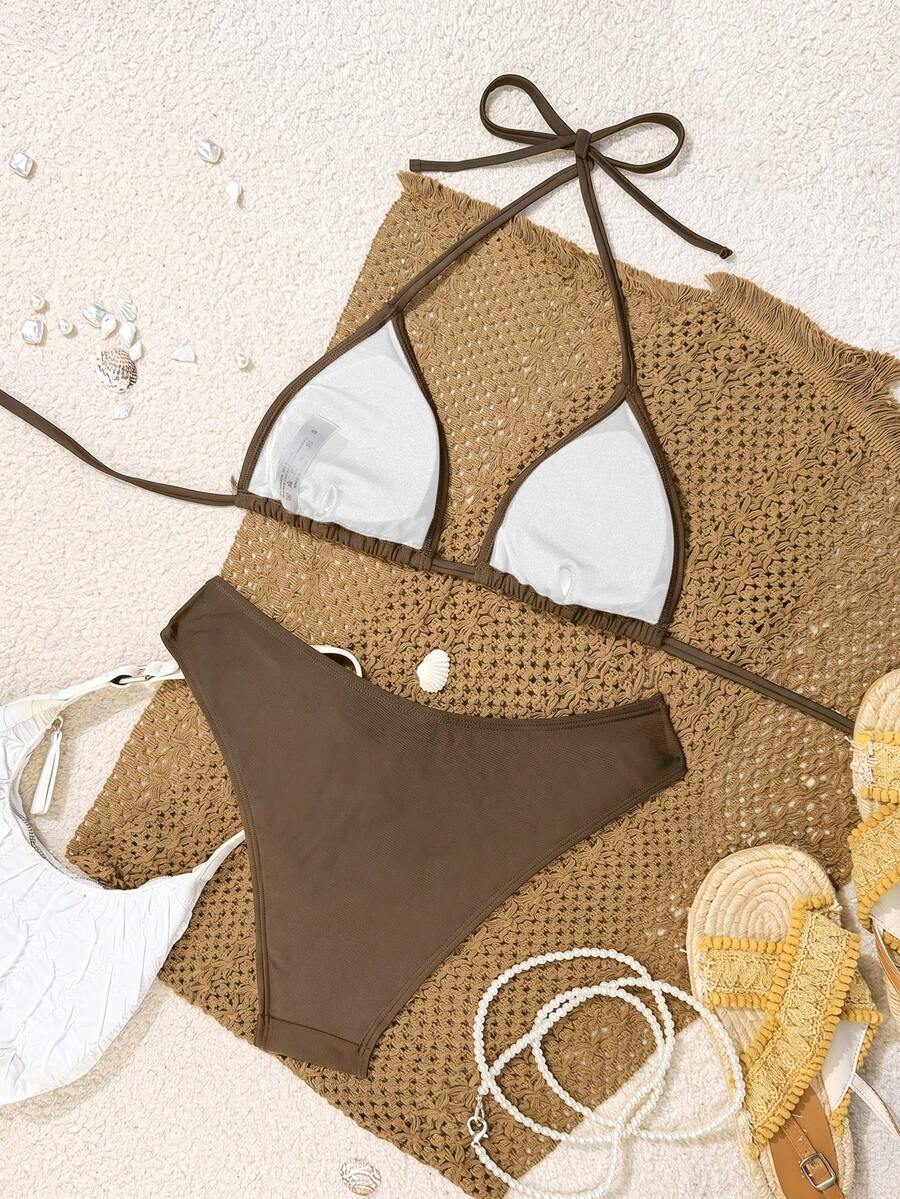 Women's apricot 2-piece halter bikini set featuring a wireless triangle top with tie-back detail and high-waisted high-cut bottoms.