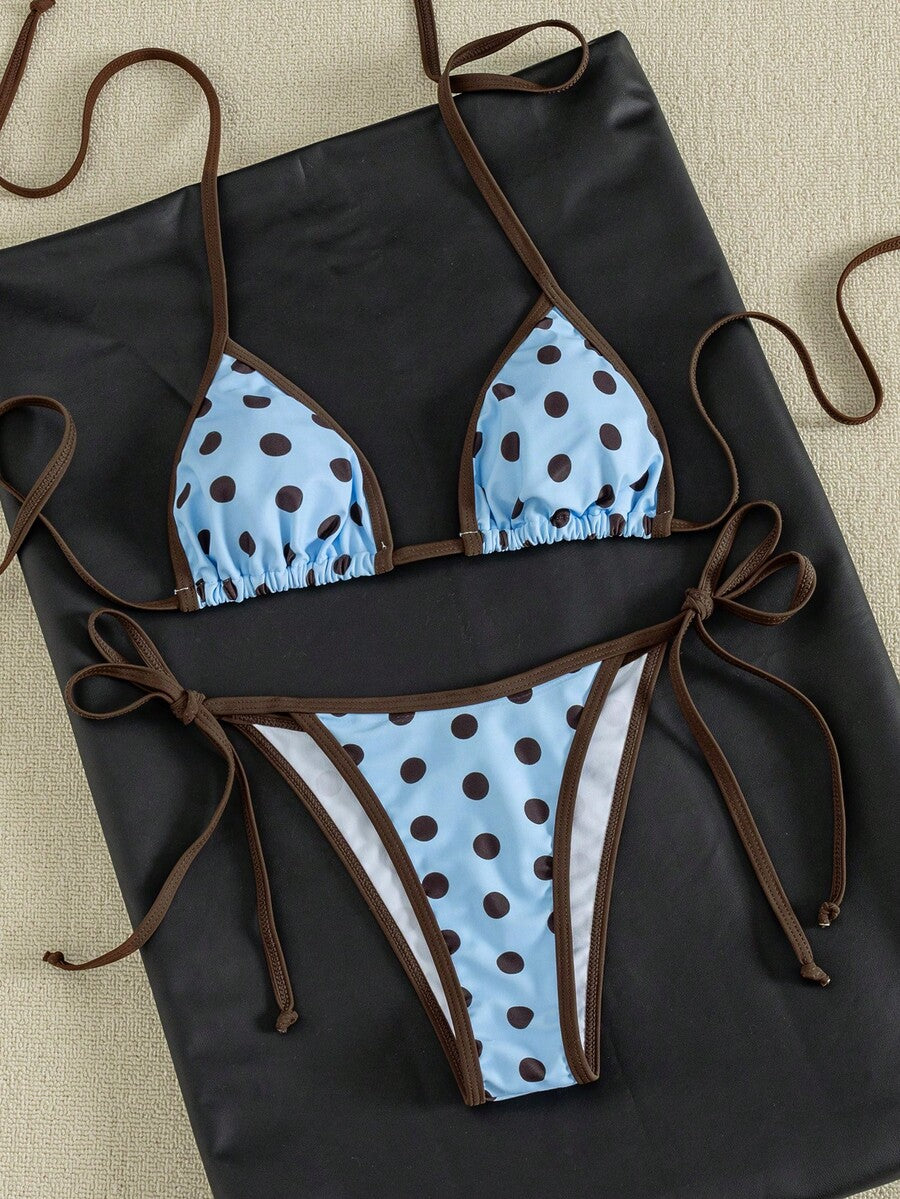 Women's two-piece halter triangle bikini set featuring a backless tie-back top with removable padding and matching tie-side mid-waist bottoms.