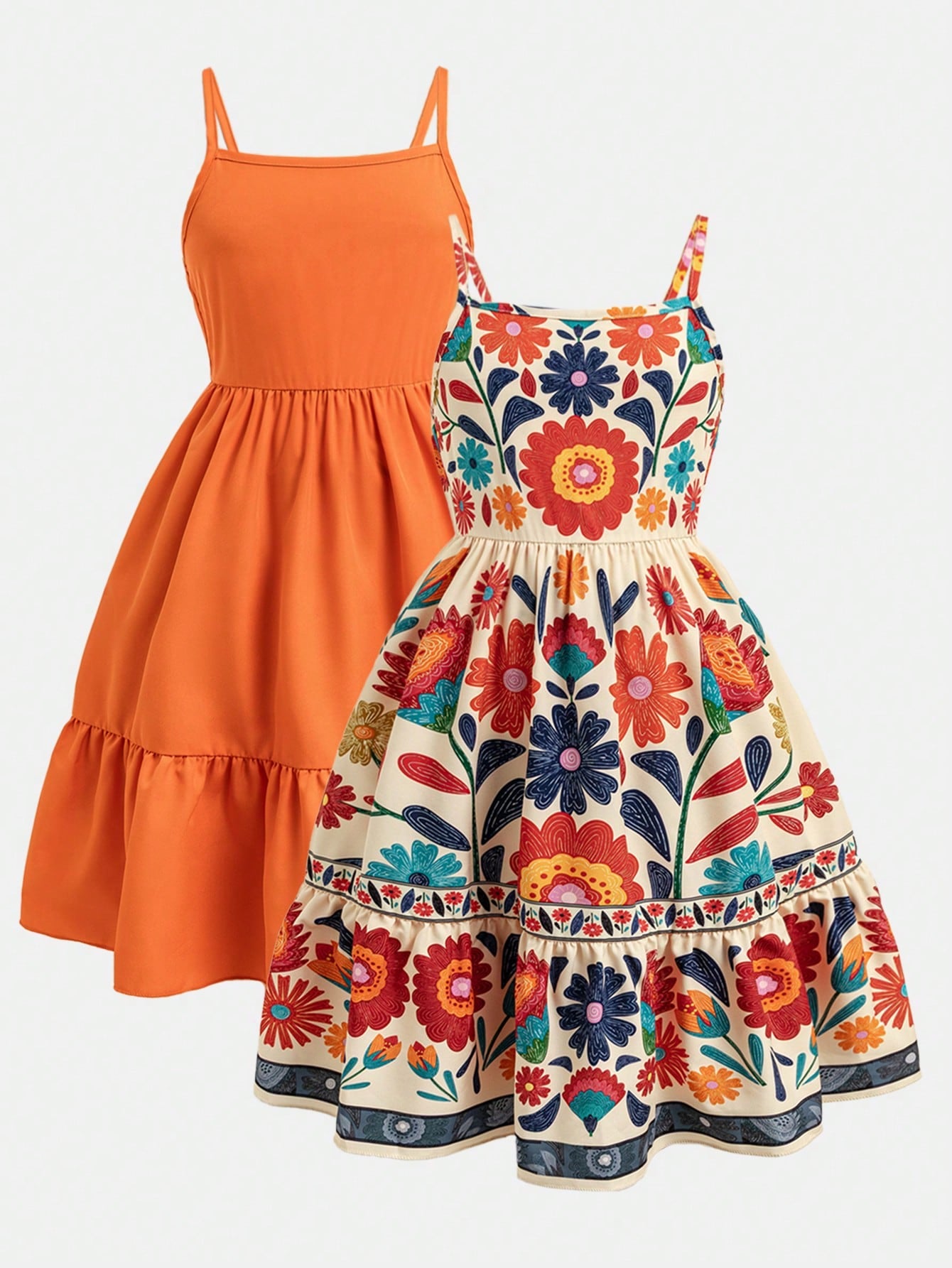 Tween girl blue plant print spaghetti strap cami dress with shirred high waist and flounce ruffled hem