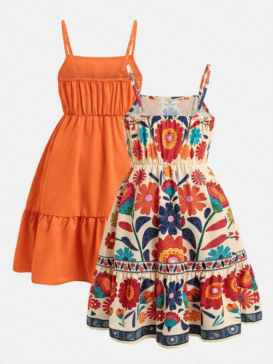 Tween girl blue plant print spaghetti strap cami dress with shirred high waist and flounce ruffled hem