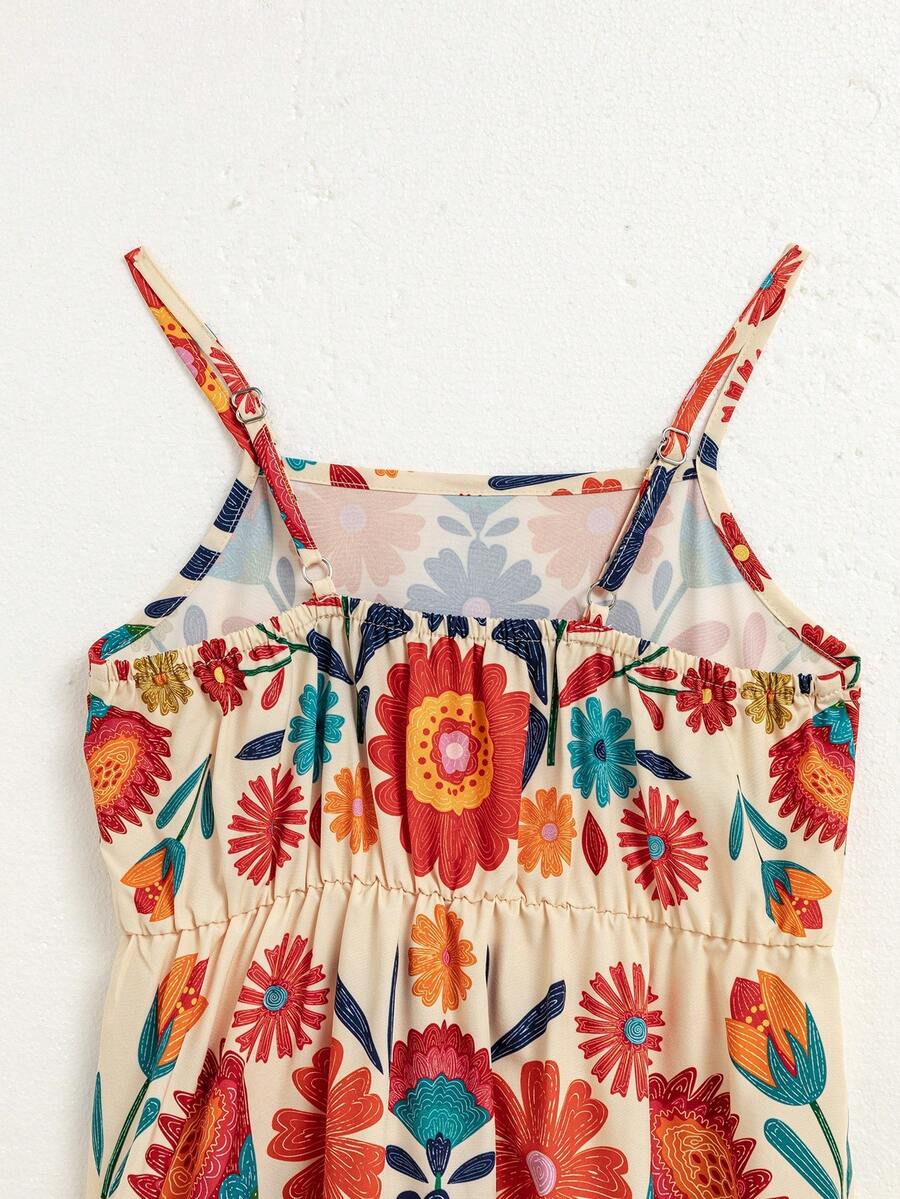 Tween girl blue plant print spaghetti strap cami dress with shirred high waist and flounce ruffled hem