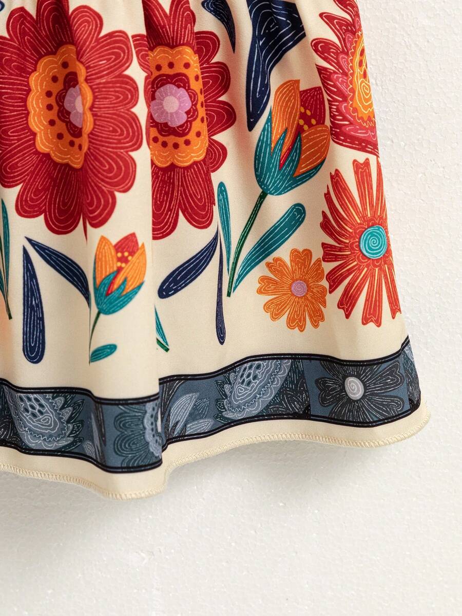 Tween girl blue plant print spaghetti strap cami dress with shirred high waist and flounce ruffled hem