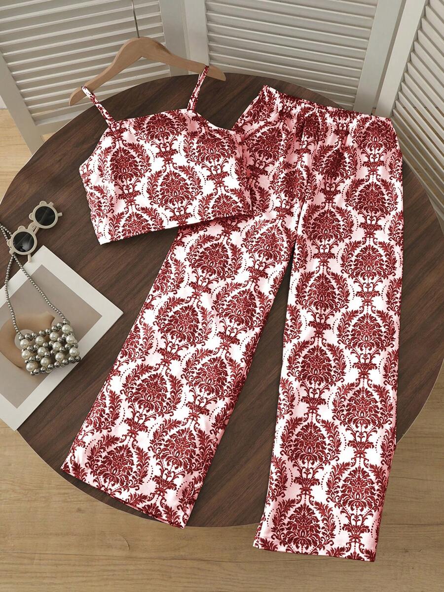Tween girls casual 2-piece set featuring an apricot woven camisole crop top with back shirring and matching high-waisted loose long pants.