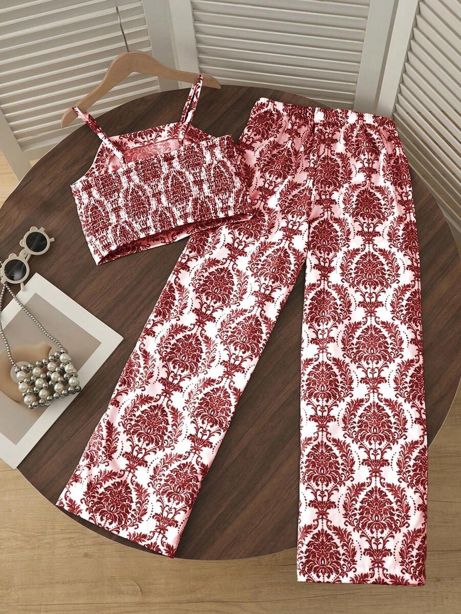 Tween girls casual 2-piece set featuring an apricot woven camisole crop top with back shirring and matching high-waisted loose long pants.