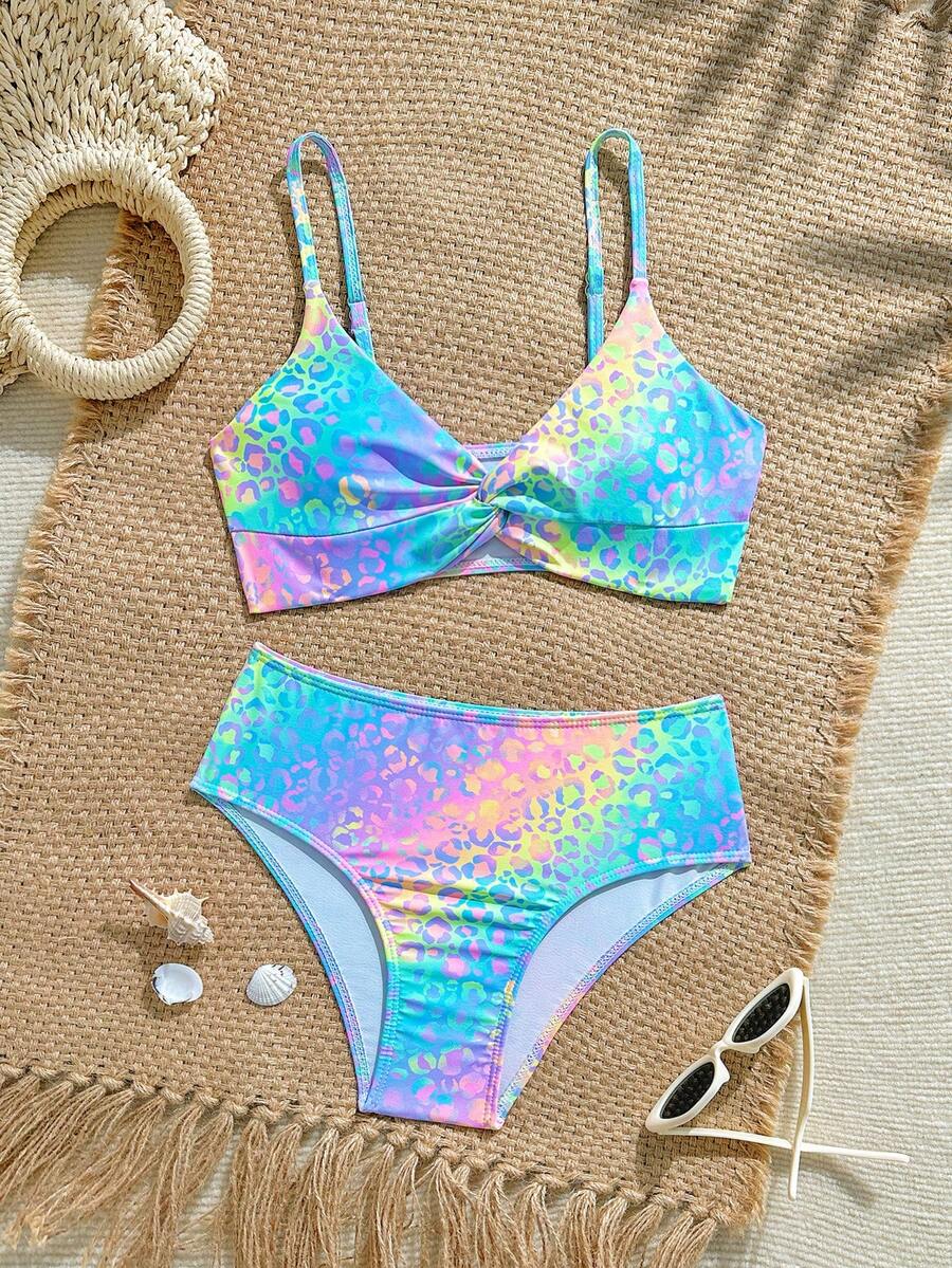 Tween girls multicolor striped 2-piece bikini set with spaghetti strap top, twist detail, and short high-waist or mid-waist swim bottoms for beach and pool wear.