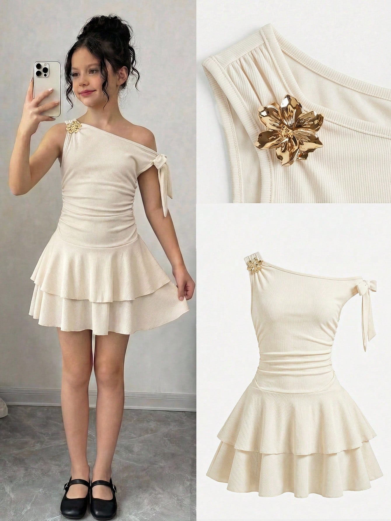 Tween girl wearing an apricot asymmetrical tiered sleeveless party dress with an A-line silhouette.