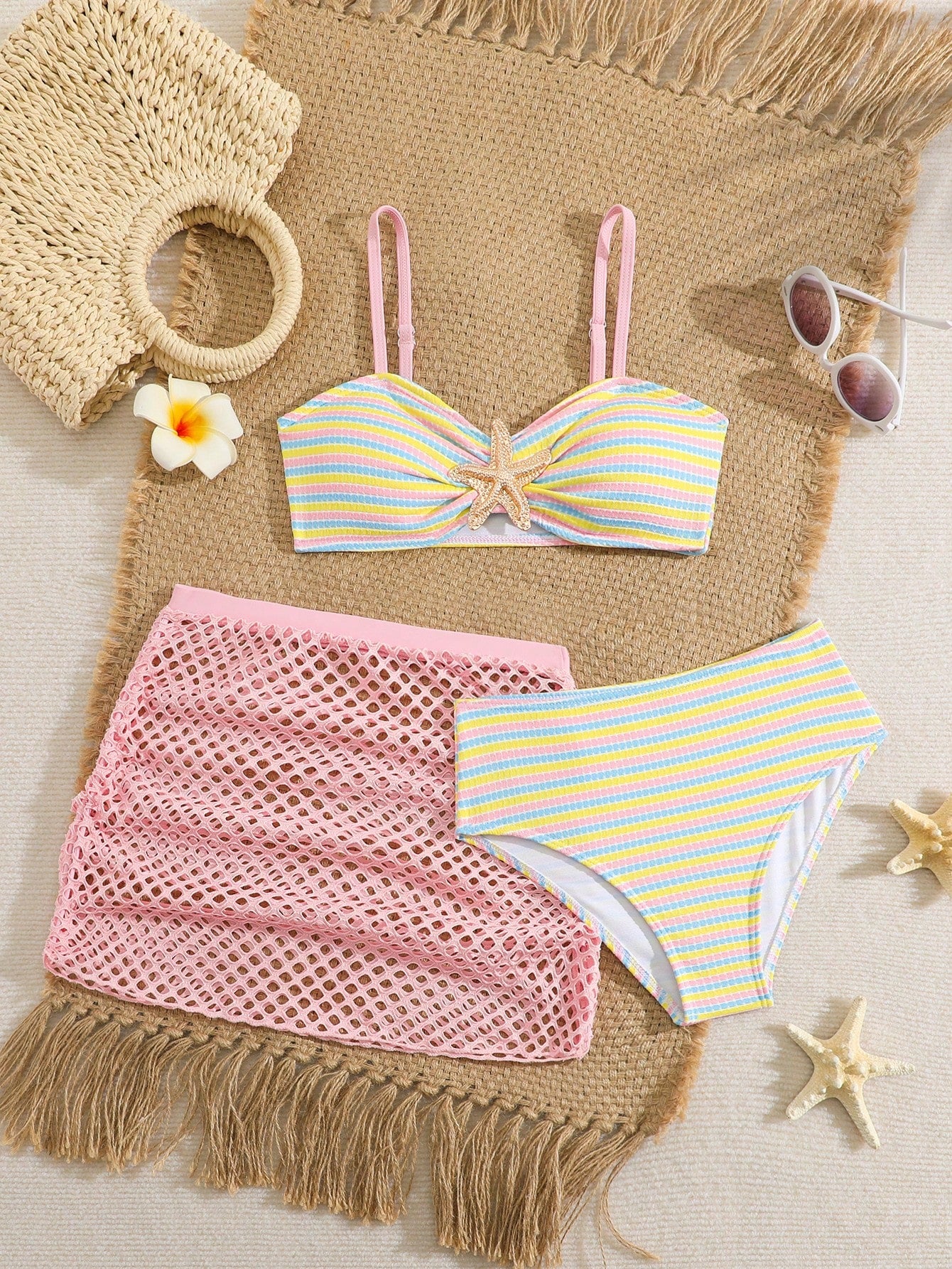 Pink Summer Cute Beach Holiday Tween Girl Elegant Bikini Set With Starfish Decor,Ruffle Beach Dress 3-Piece Children's Swimwear For Teenagers,Vacation