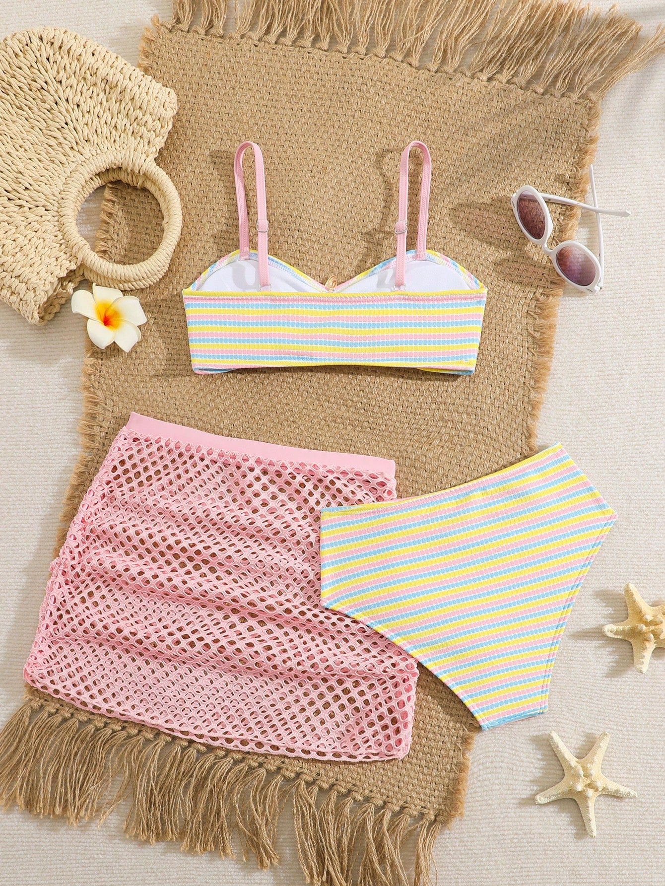 Pink Summer Cute Beach Holiday Tween Girl Elegant Bikini Set With Starfish Decor,Ruffle Beach Dress 3-Piece Children's Swimwear For Teenagers,Vacation