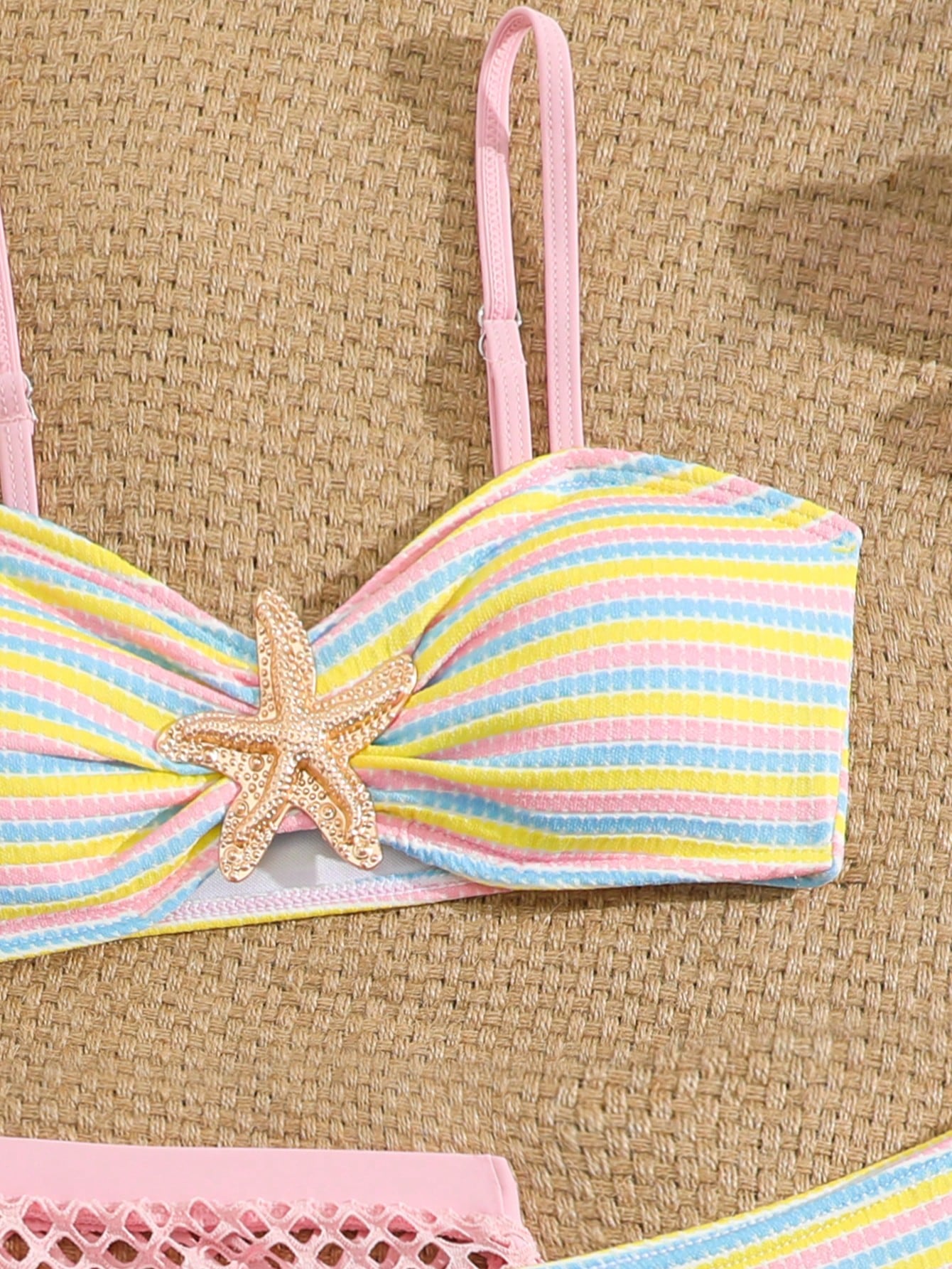 Pink Summer Cute Beach Holiday Tween Girl Elegant Bikini Set With Starfish Decor,Ruffle Beach Dress 3-Piece Children's Swimwear For Teenagers,Vacation