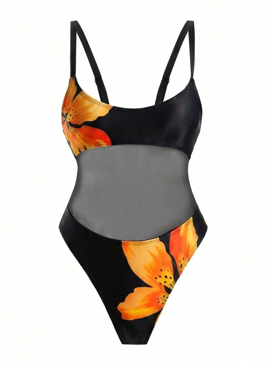 Black floral print mesh patchwork one-piece swimsuit for women featuring spaghetti straps, V-wired triangle cups, and a high waist silhouette.