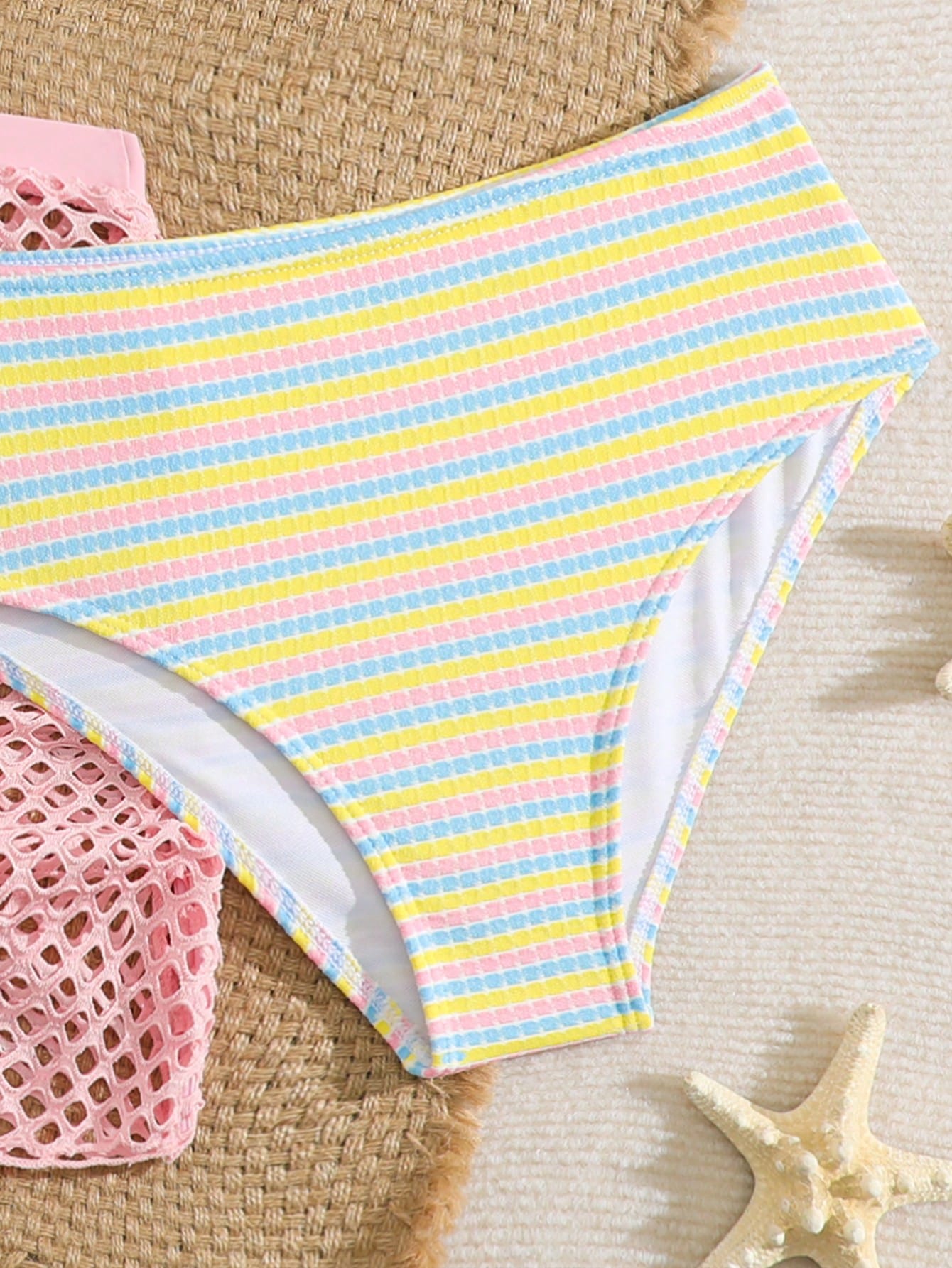 Pink Summer Cute Beach Holiday Tween Girl Elegant Bikini Set With Starfish Decor,Ruffle Beach Dress 3-Piece Children's Swimwear For Teenagers,Vacation