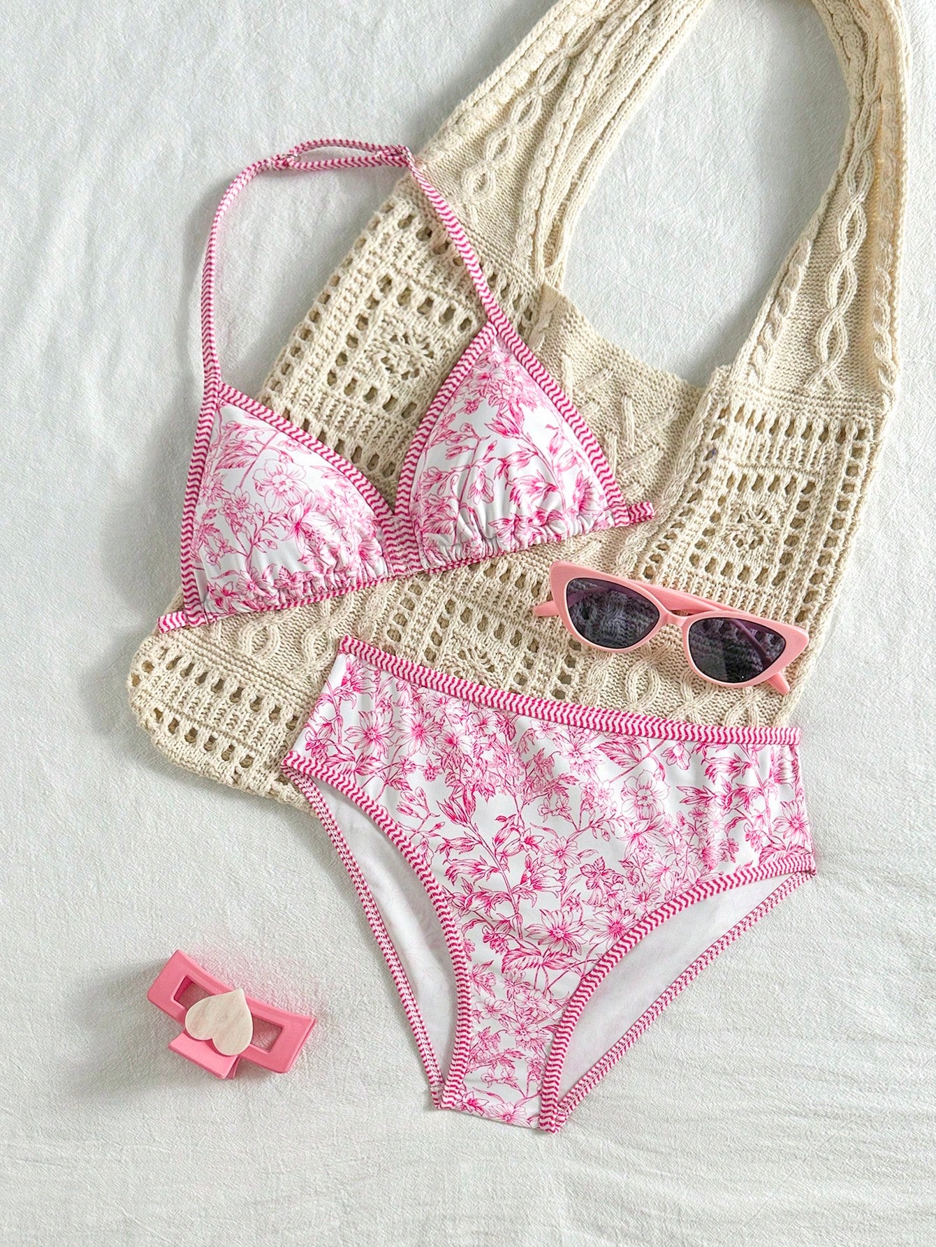 Tween Girl Tankini Swimwear Set, Pink Floral Print, Summer Beach Vacation