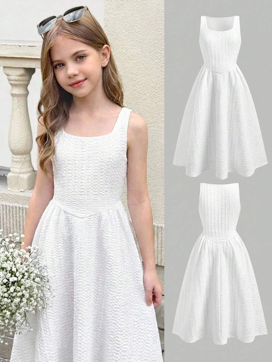 Tween girls pink floral sleeveless A-line midi dress featuring round neck, high waist with belt, contrast lace, and zipper back.